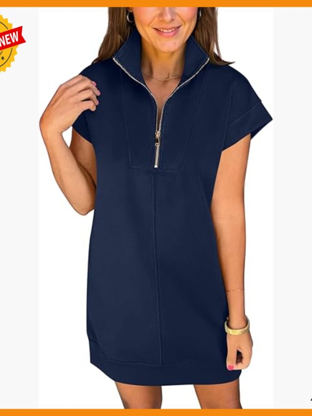 Half Zip Cap Sleeve Wrinkle-Free Tshirt Dress Casual Mini Split Hem